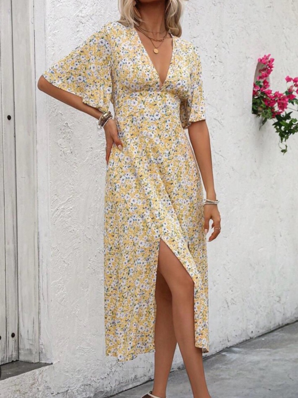 Women’s Yellow Floral Summer Maxi Dress with 
Flutter Sleeves Size 3XL - Picture 2 of 5
